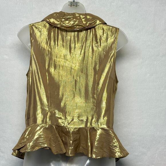 Lauren Ralph Lauren Gold Metallic Ruffle Front Sleeveless Silk Blouse Size 6 - Picture 2 of 8